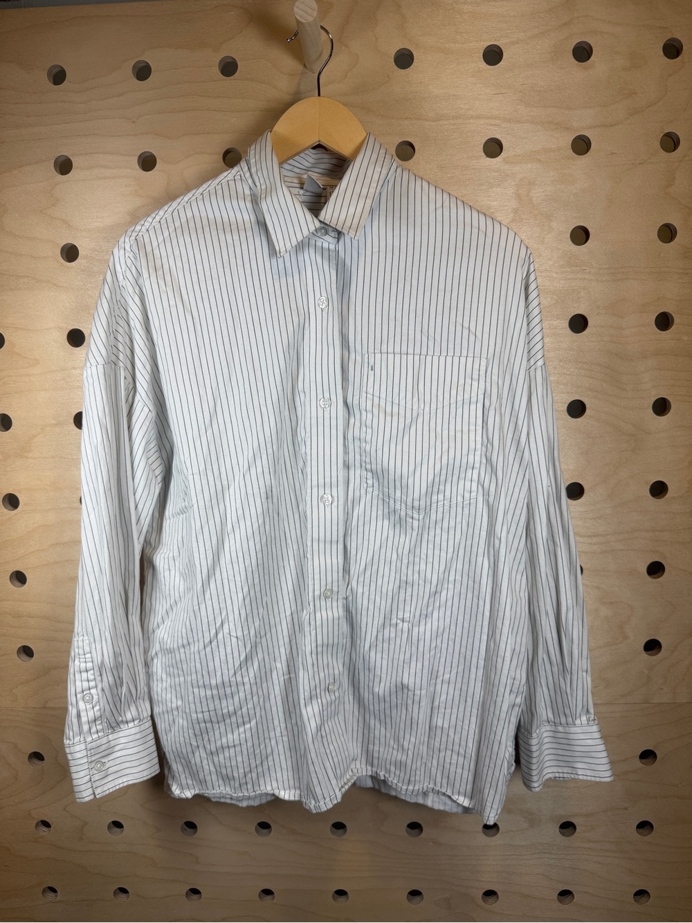 Simons White Button-Up Blouse with Thin Gray Stripes